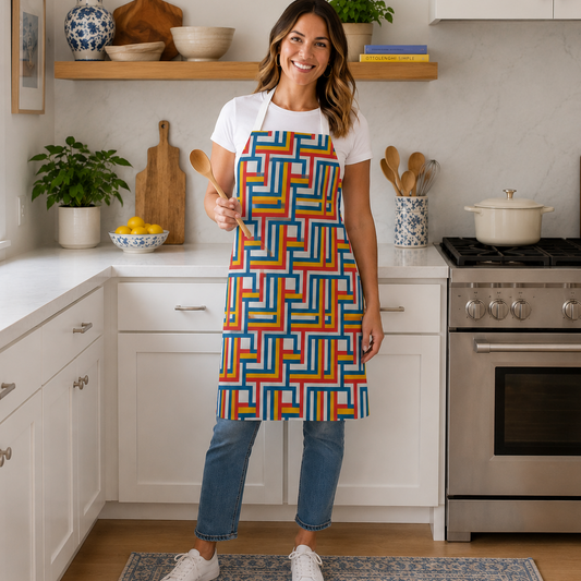 A woman stands in a bright white kitchen wearing a colorful geometric patterned apron over a white t-shirt and blue jeans. She holds a wooden spoon, with shelves, plants, and a stove visible in the background.