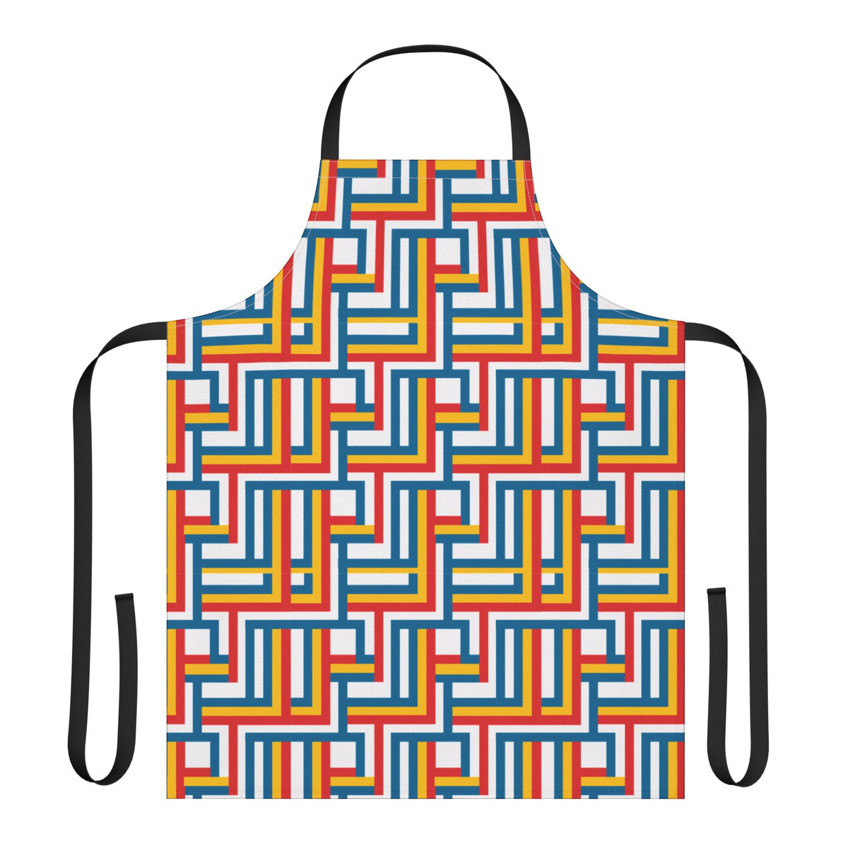 Colorful geometric patterned apron on a white background