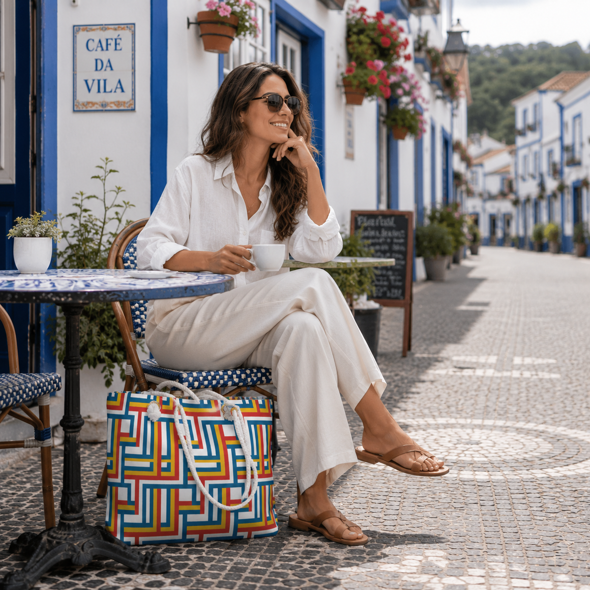 A woman sits at a cafe table on a cobblestone street wearing a white button-down shirt and white trousers, with a colorful geometric tote bag beside her. The background features white and blue buildings with flowers.