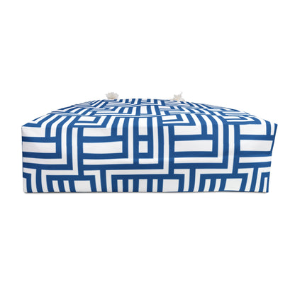 Blue and white geometric patterned bag bottom on a white background