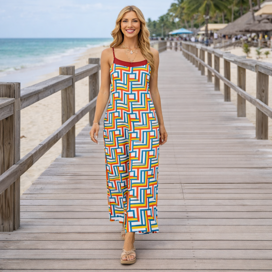 Woman in a colorful dress standing on a wooden boardwalk by the beach.