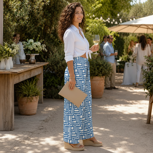 A woman stands outdoors at a garden party wearing a white tied button-up shirt and a high-waisted, wide-leg skirt with a blue and white geometric pattern. She holds a glass of white wine.