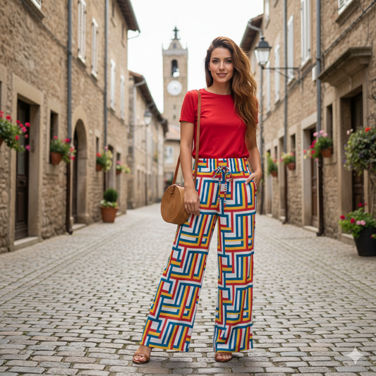 Full-body shot of a smiling woman standing on a European cobblestone street wearing colorful geometric wide-leg palazzo pants and a red t-shirt. She has wavy, past-the-shoulder auburn hair and is holding a round straw wicker purse. The background shows old town architecture with stone buildings and a central clock tower. Summer street style, resort wear fashion.
