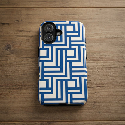 Phone case with blue and white geometric pattern on a white background