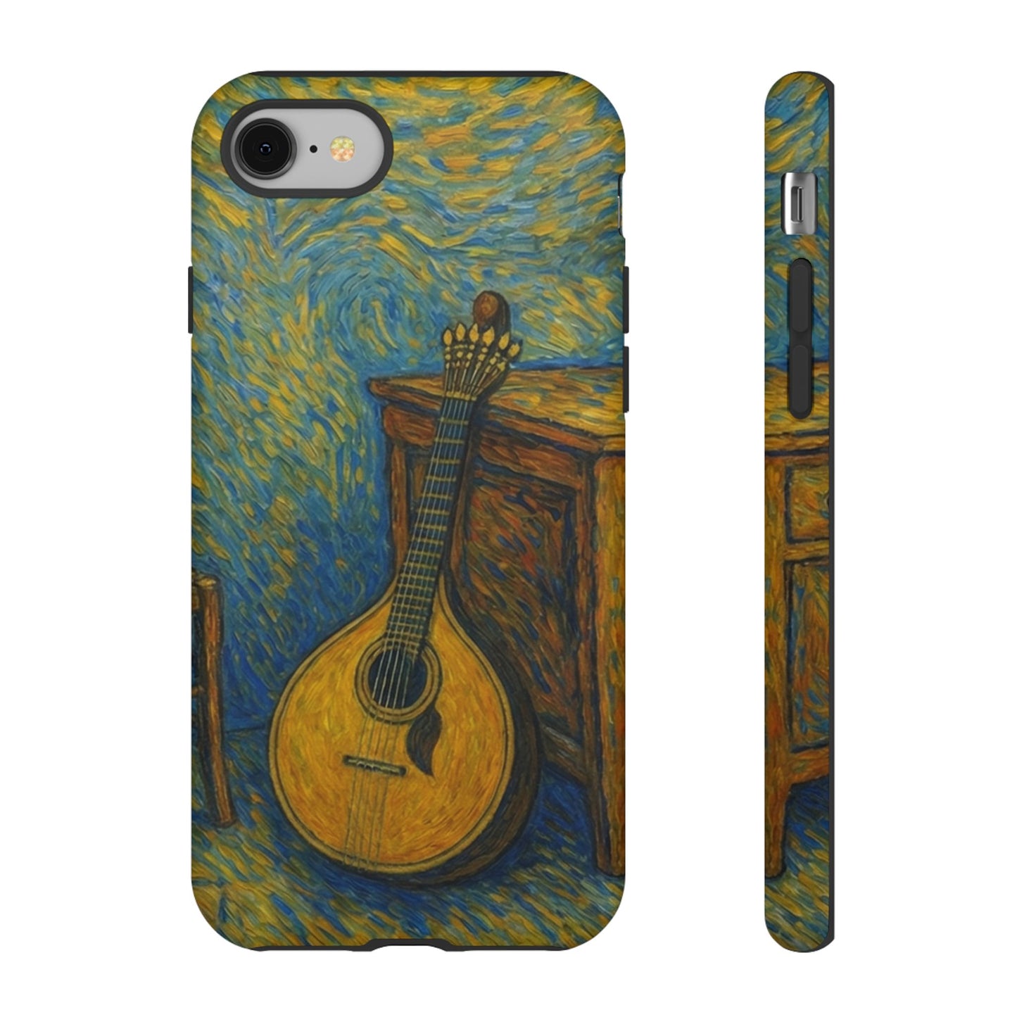 Phone case with a mandolin design inspired by Van Gogh's style on a white background