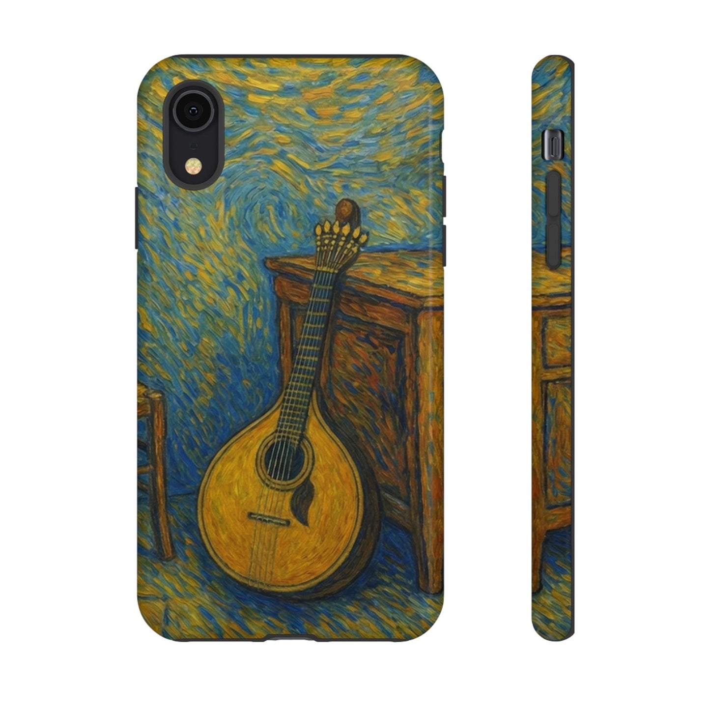 Phone case with a design of a mandolin on a table, inspired by Van Gogh's style.
