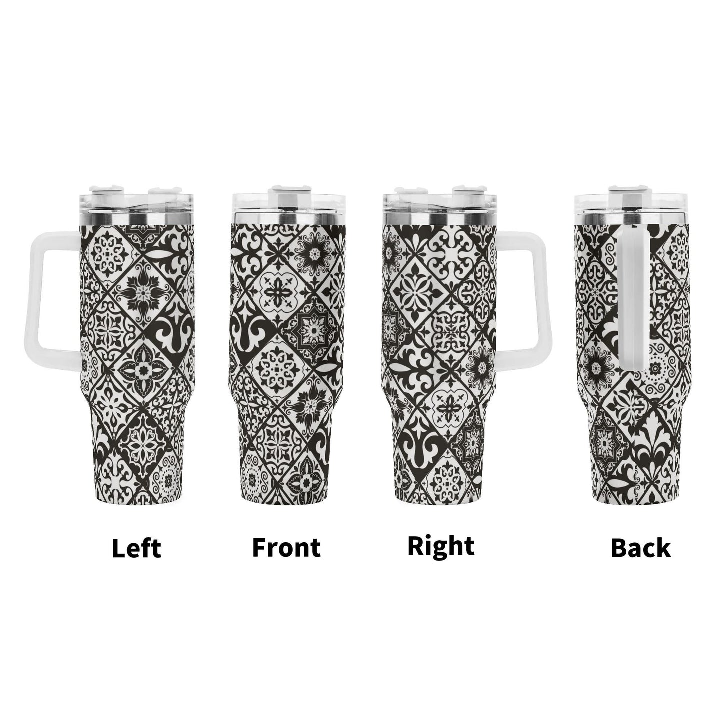 Black and white patterned tumbler shown from left, front, right, and back views on a white background.