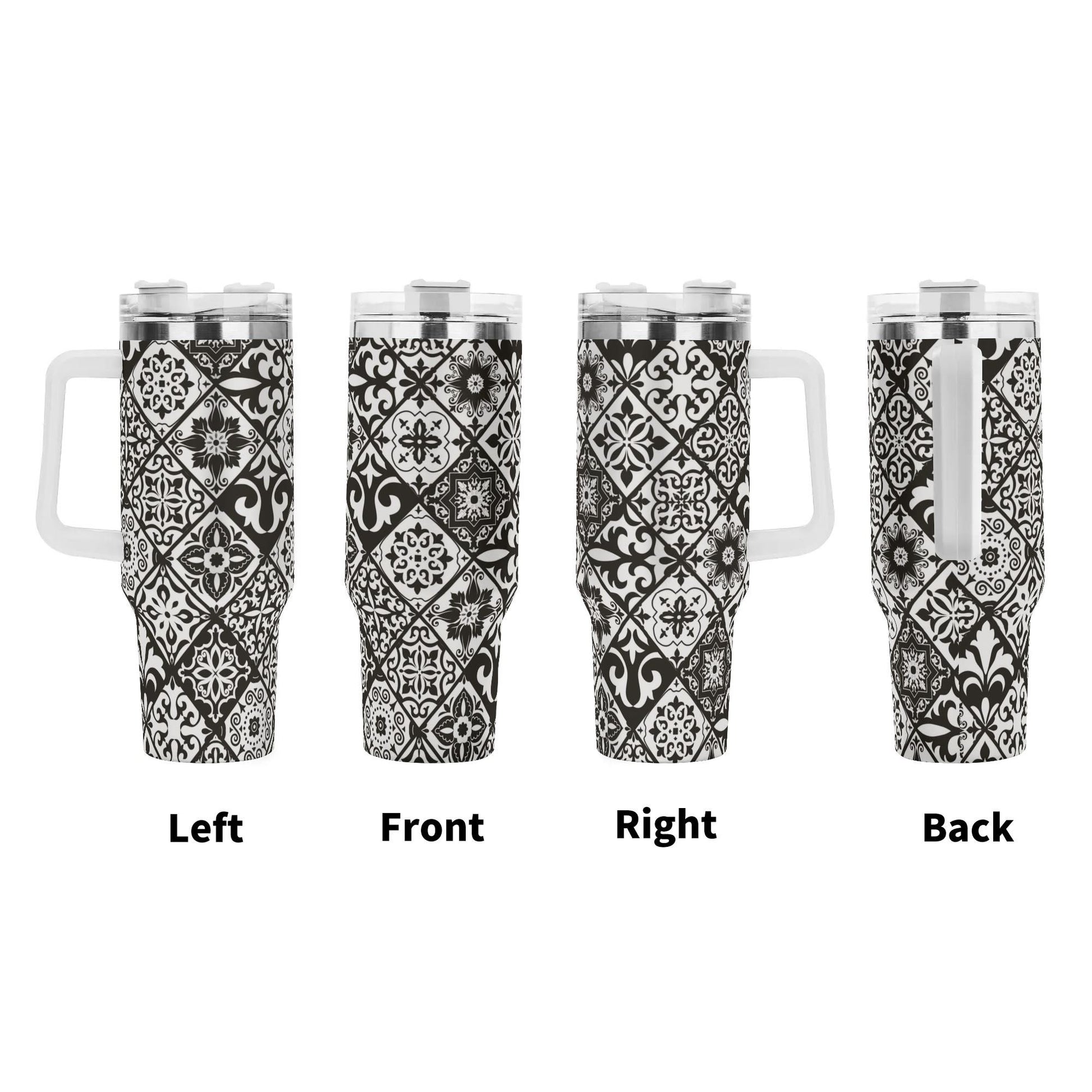 Black and white patterned tumbler shown from left, front, right, and back views on a white background.