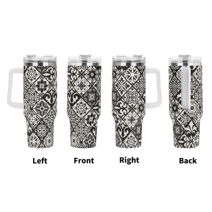 Black and white patterned tumbler shown from left, front, right, and back views on a white background.