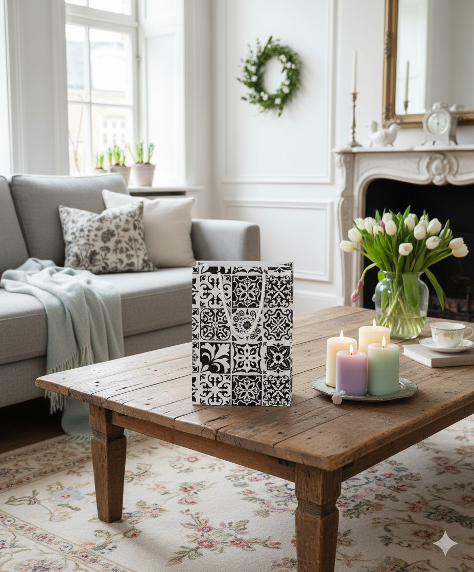 gift bag with black and white tile pattern in a Living room with a wooden coffee table, candles, and a vase of flowers.