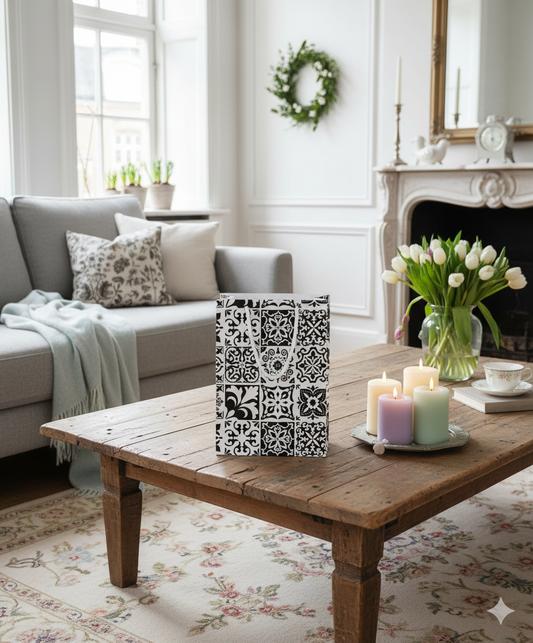 gift bag with black and white tile pattern in a Living room with a wooden coffee table, candles, and a vase of flowers.