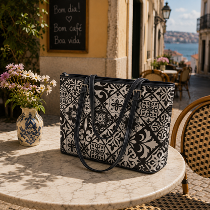 A black and white patterned tote bag with dark blue leather handles sits on a round stone table at an outdoor cafe, with a vase of pink flowers and a Mediterranean-style background.