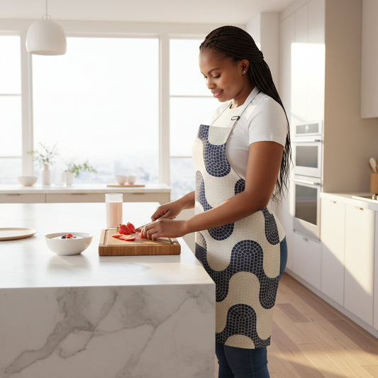 Woman wearing a patterned apron on a white background