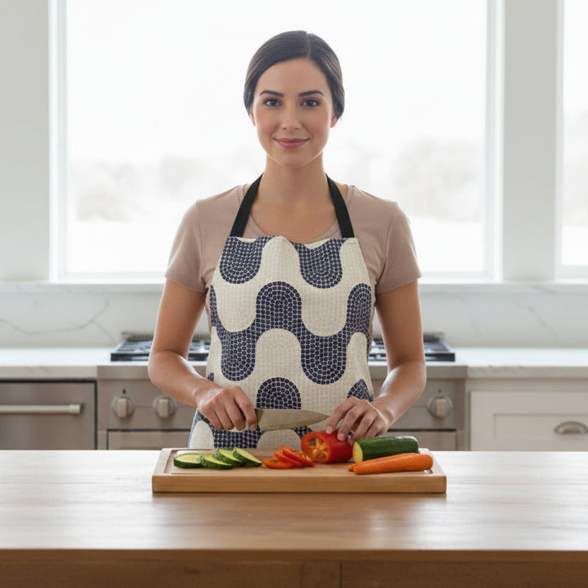 Apron with a blue and white geometric pattern on a white background