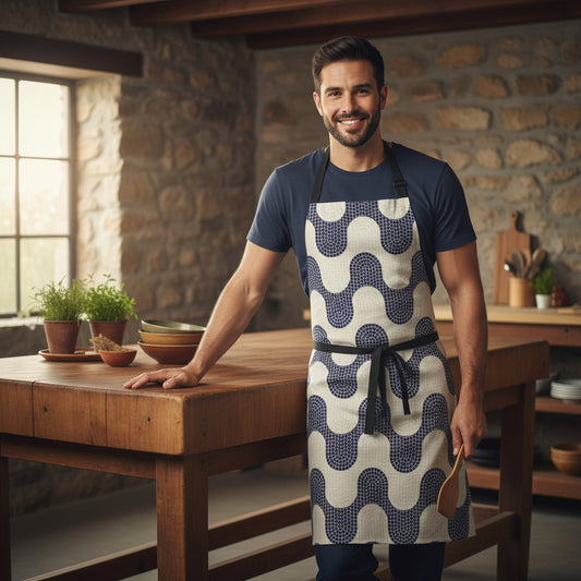 Apron with blue and white geometric pattern on a white background