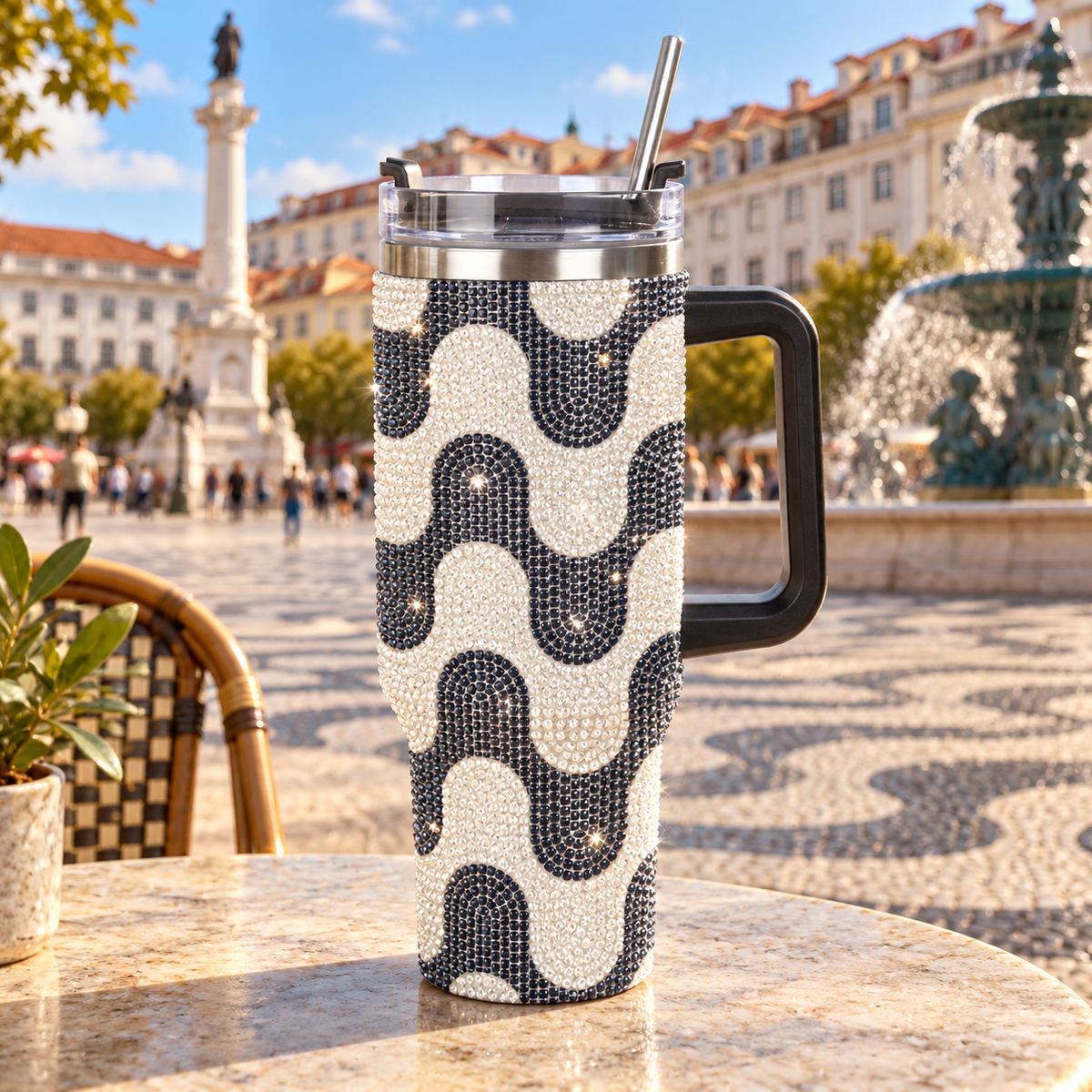A handleless travel tumbler with a black handle, covered in a black and white wavy patterned rhinestone sleeve, sitting on a stone table in a sunny outdoor plaza with a fountain and historic buildings in the background.