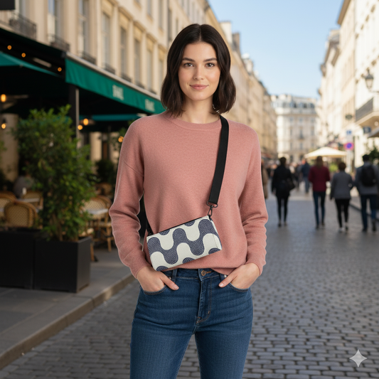 Woman in a pink sweater with a patterned bag on a city street