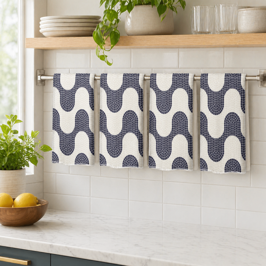 Kitchen towel with geometric pattern hanging on a rack against a tiled wall.