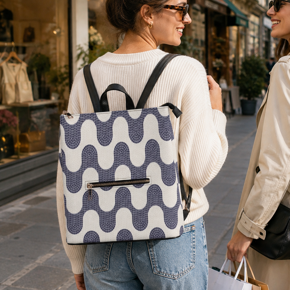 Two women walking and talking on a Parisian street, with the woman on the left wearing a navy and cream wavy patterned backpack. The Eiffel Tower is visible in the background.