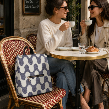 Two women sitting at a Parisian cafe table, wearing stylish beige and cream outfits. One woman has a navy and cream wavy patterned backpack resting on the red-and-gold woven chair next to her.