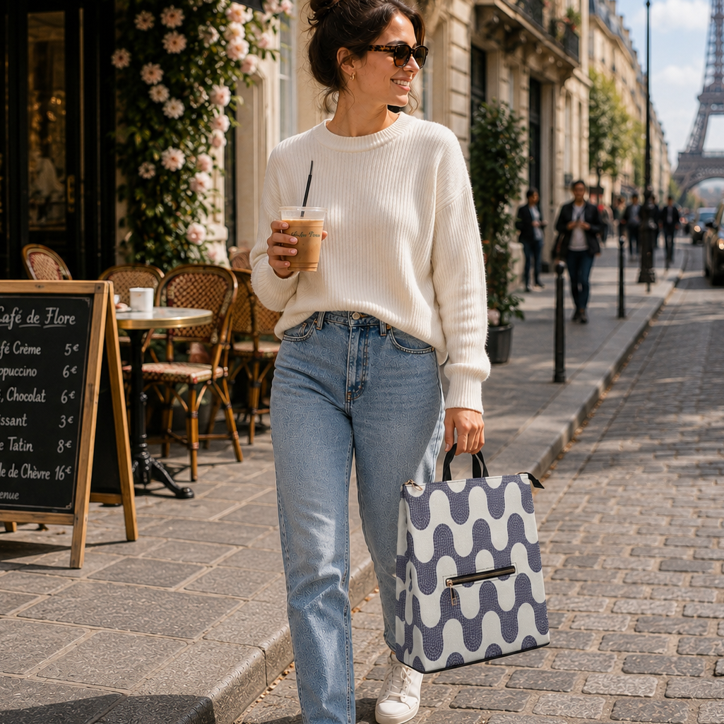 A woman walking on a cobblestone street in Paris, wearing a cream ribbed sweater, light blue jeans, white sneakers, and holding a patterned tote bag. The Eiffel Tower is visible in the background, along with a cafe exterior on the left.