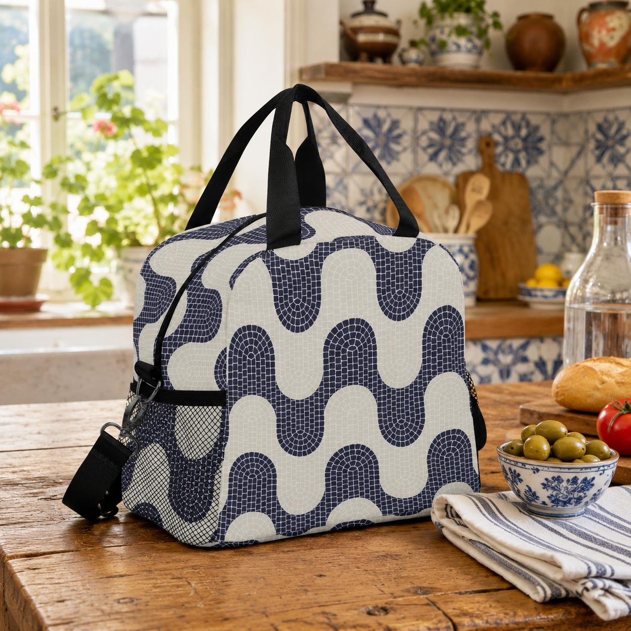 A reusable lunch bag with a navy and off-white wavy geometric pattern sits on a rustic wooden table in a bright kitchen setting.
