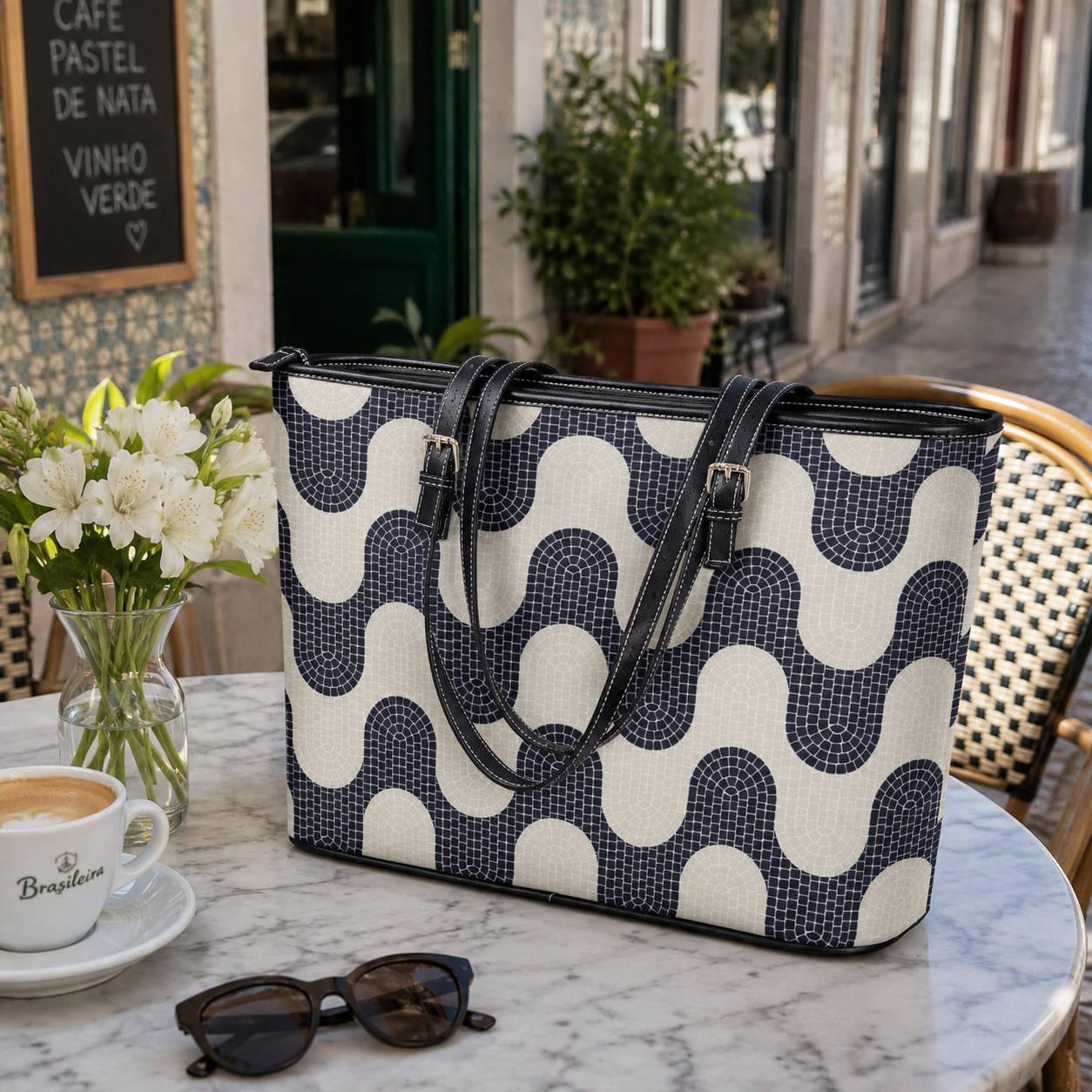 A navy and cream wavy patterned tote bag with black leather handles sits on a marble cafe table next to a cup of coffee, sunglasses, and a vase of flowers.