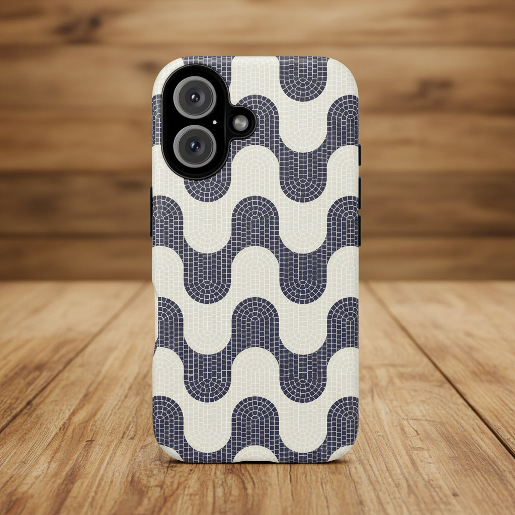 Phone case with a blue and white wavy pattern on a white background