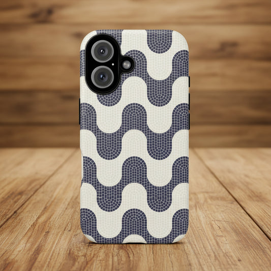Phone case with a blue and white wavy pattern on a white background