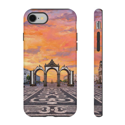 Phone case with a sunset over an archway design
