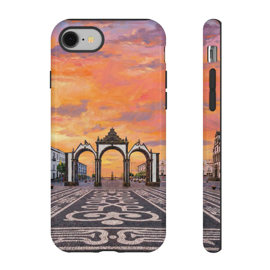 Phone case with a sunset over an archway design