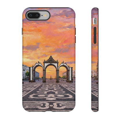 Phone case with a sunset over an archway design on a white background