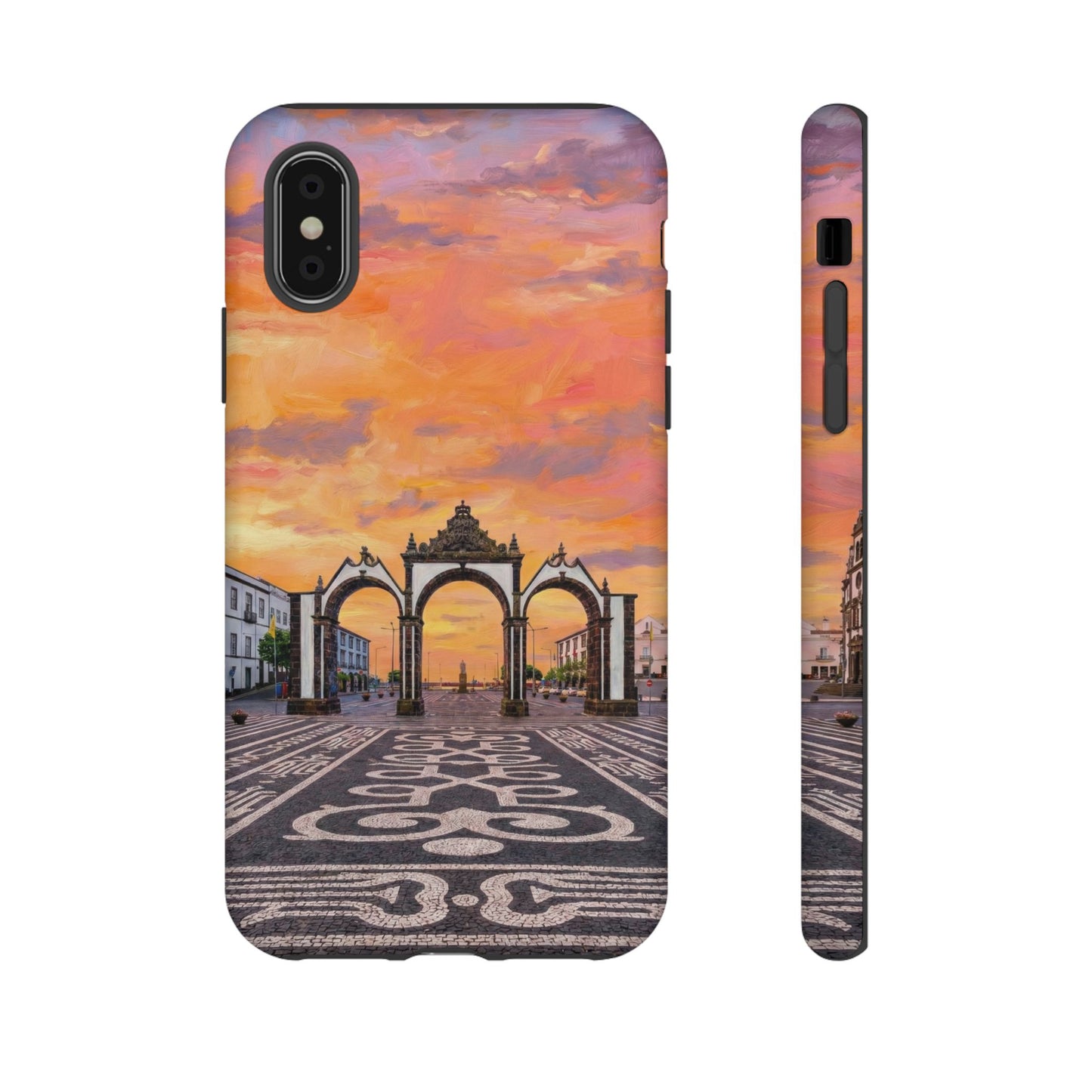Phone case with a sunset over arches design on a white background