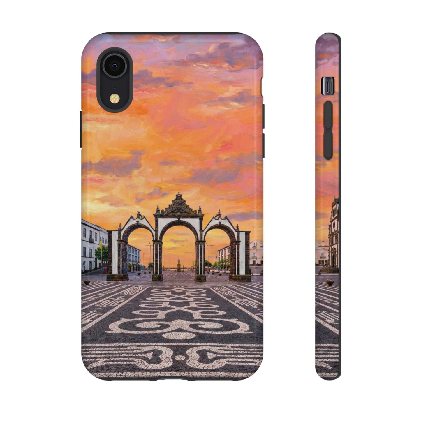 Phone case with a sunset over arches design on a white background