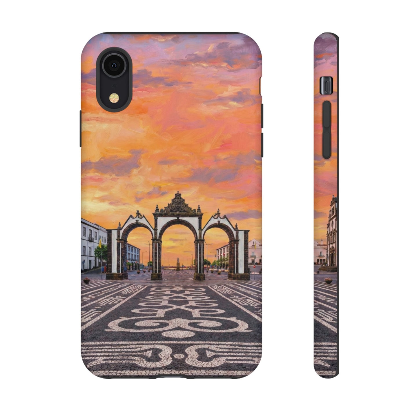 Phone case with a sunset over arches design on a white background