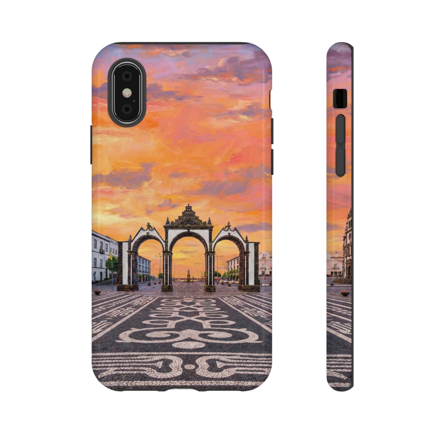 Phone case with a sunset over an archway design on a white background