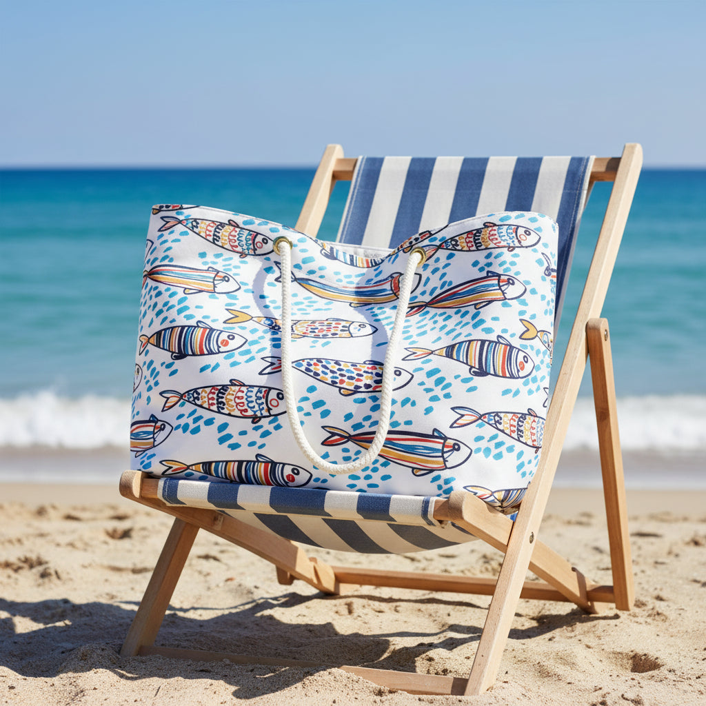 Tote bag with fish pattern on a white background