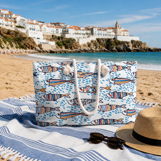 A beach tote bag with a white background and a colorful pattern of striped fish and blue raindrop motifs, placed on a blue and white striped beach towel on a sandy beach with a hat, sunglasses, and a coastal town in the background.
