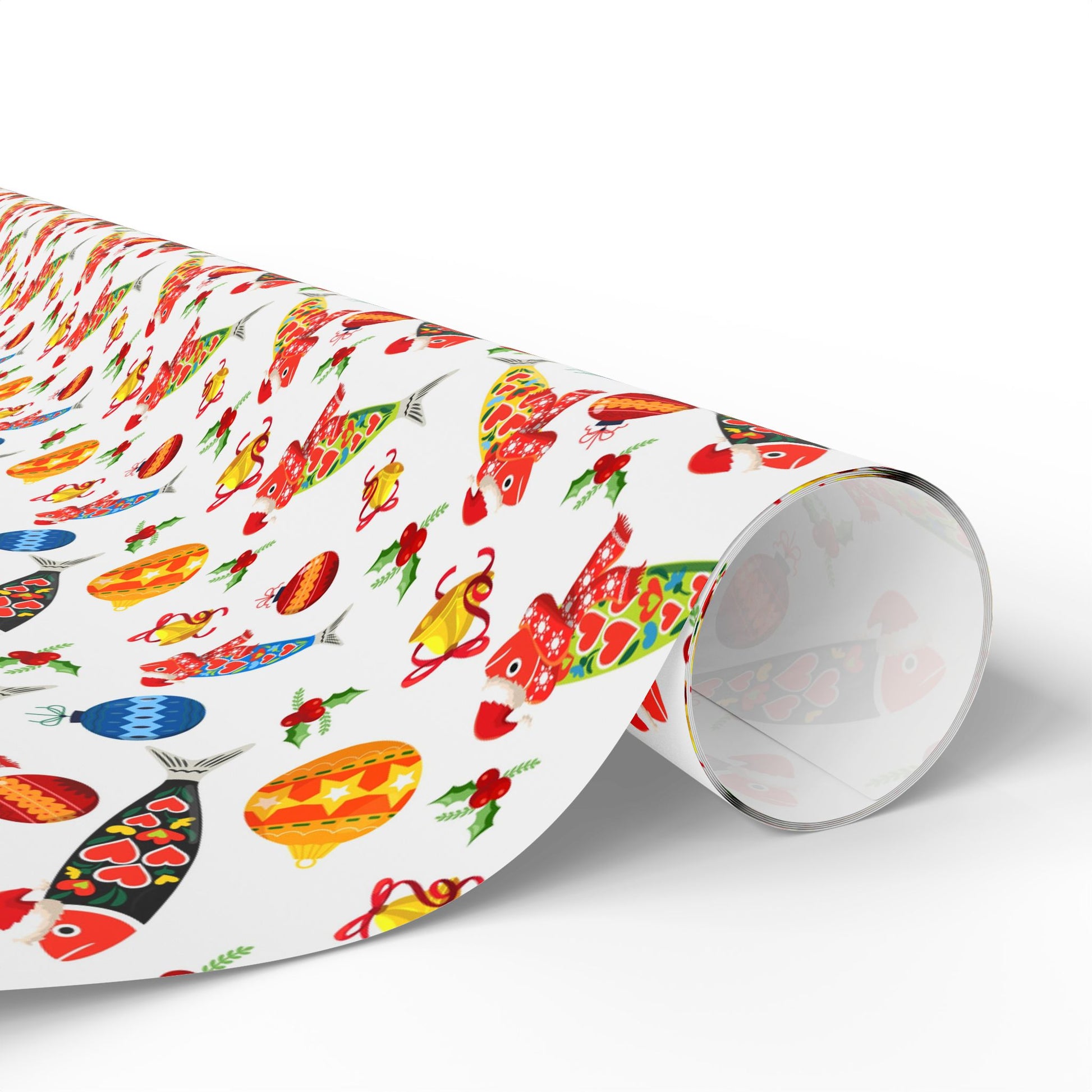 Roll of colorful christmas sardine patterned paper on a white background