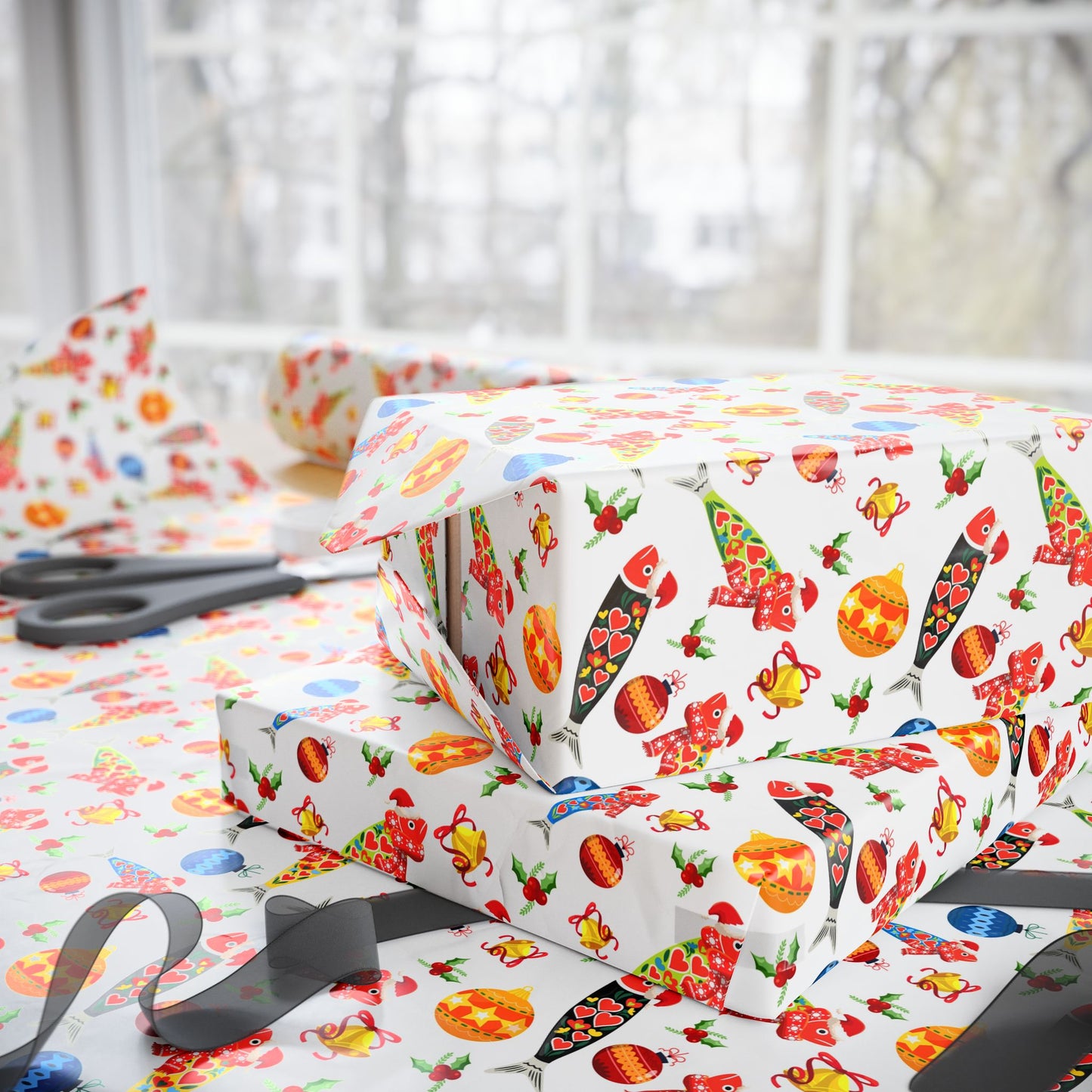 Gift box with colorful christmas sardine pattern on a matching wrapping paper with scissors beside it.