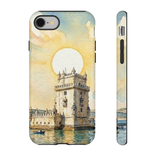 Phone case with a painting of a tower by the water on a white background