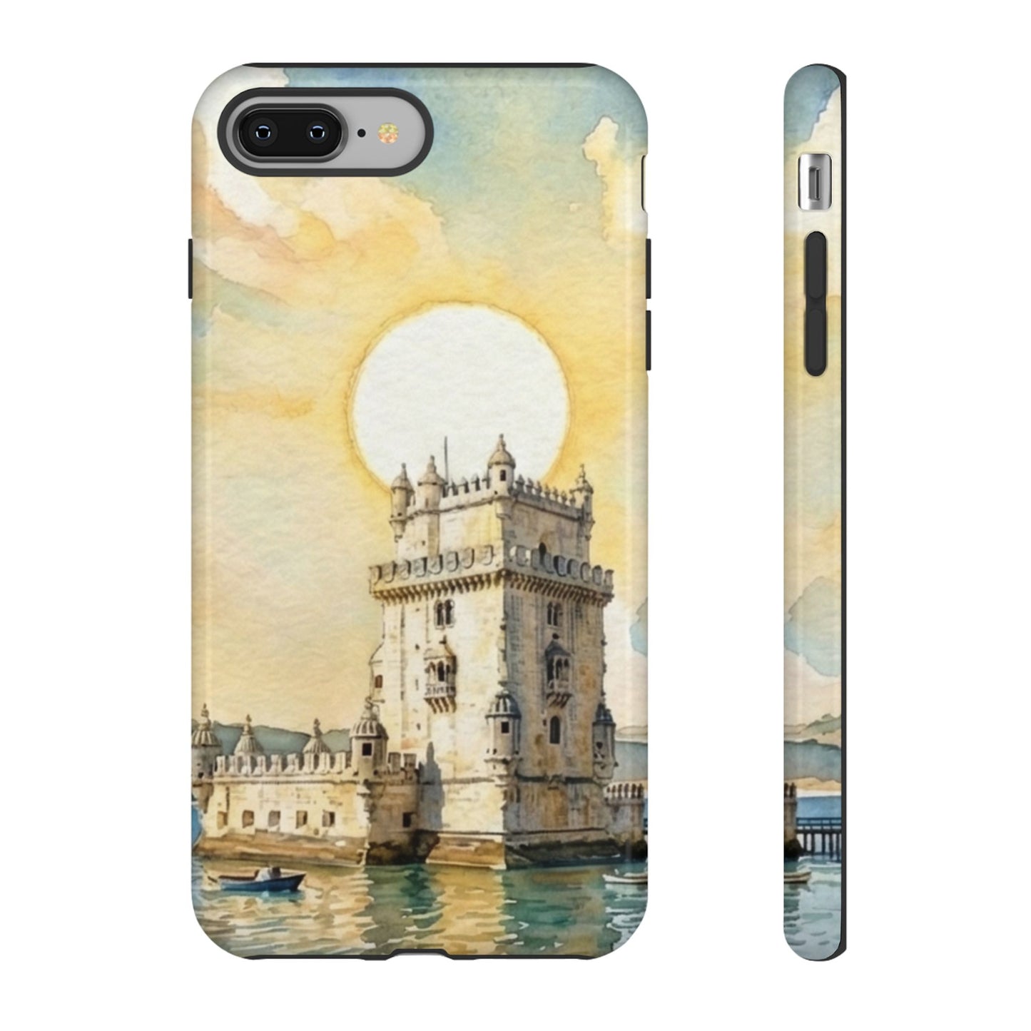 Phone case with a castle design on a watercolor background