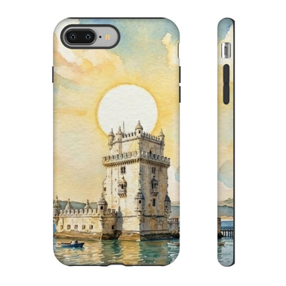 Phone case with a castle design on a white background