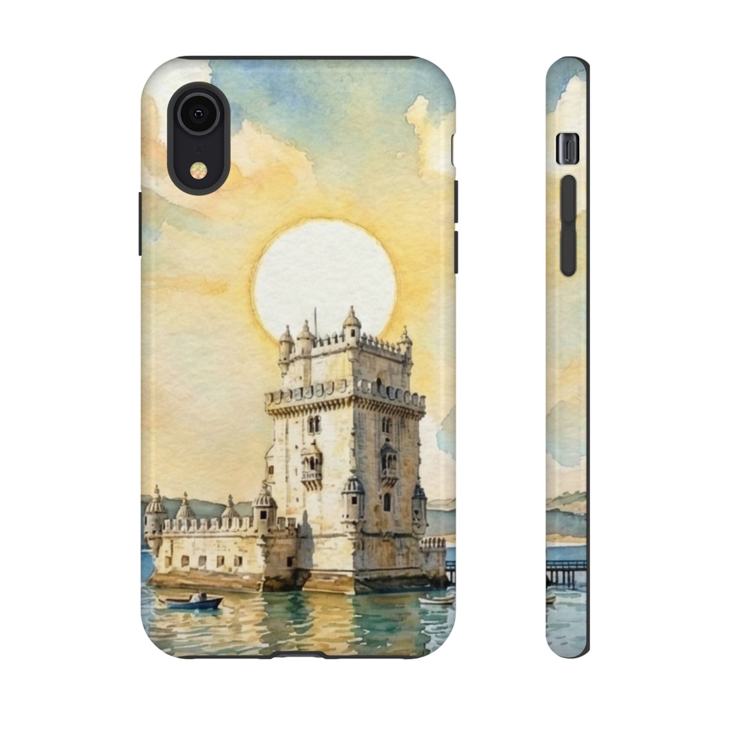 Phone case with a castle design on a watercolor background