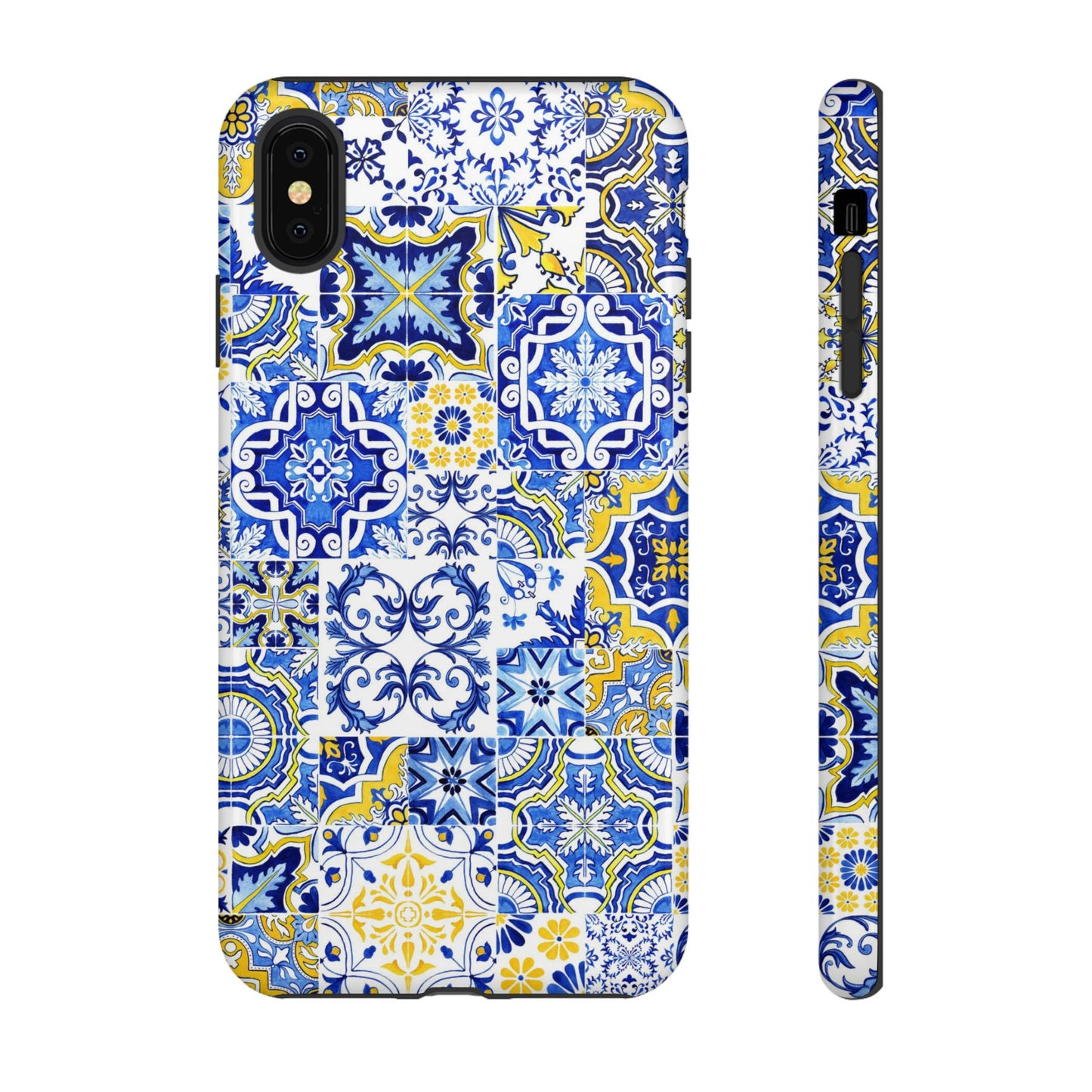 Phone case with blue and yellow mosaic pattern on a white background