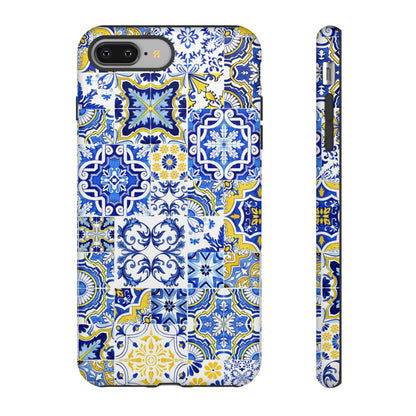 Phone case with blue and yellow mosaic pattern on a white background