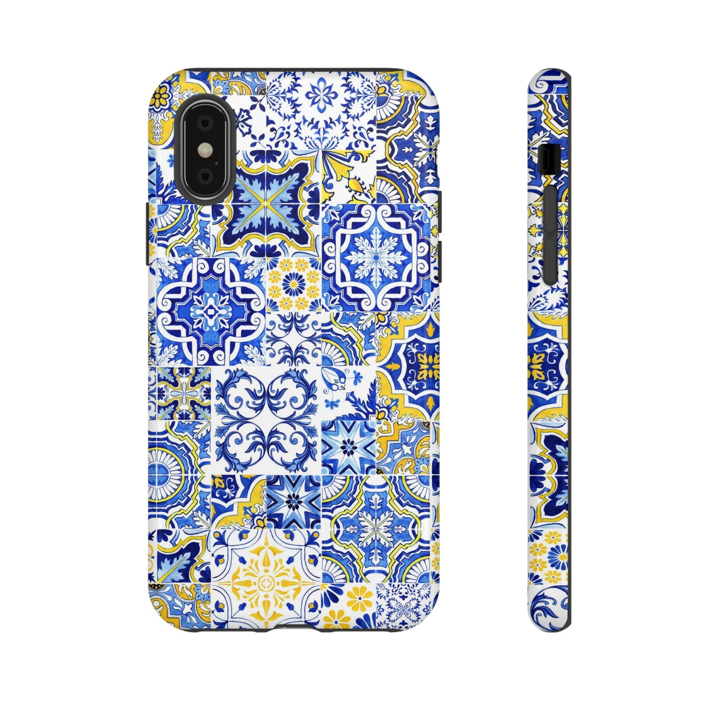 Phone case with blue and yellow pattern on a white background