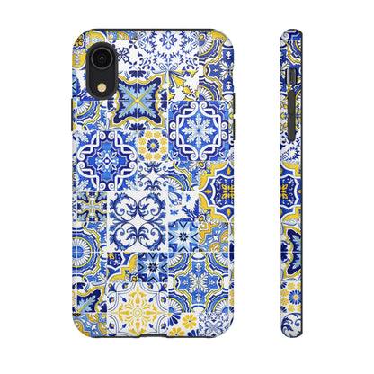 Phone case with blue and yellow mosaic pattern on a white background