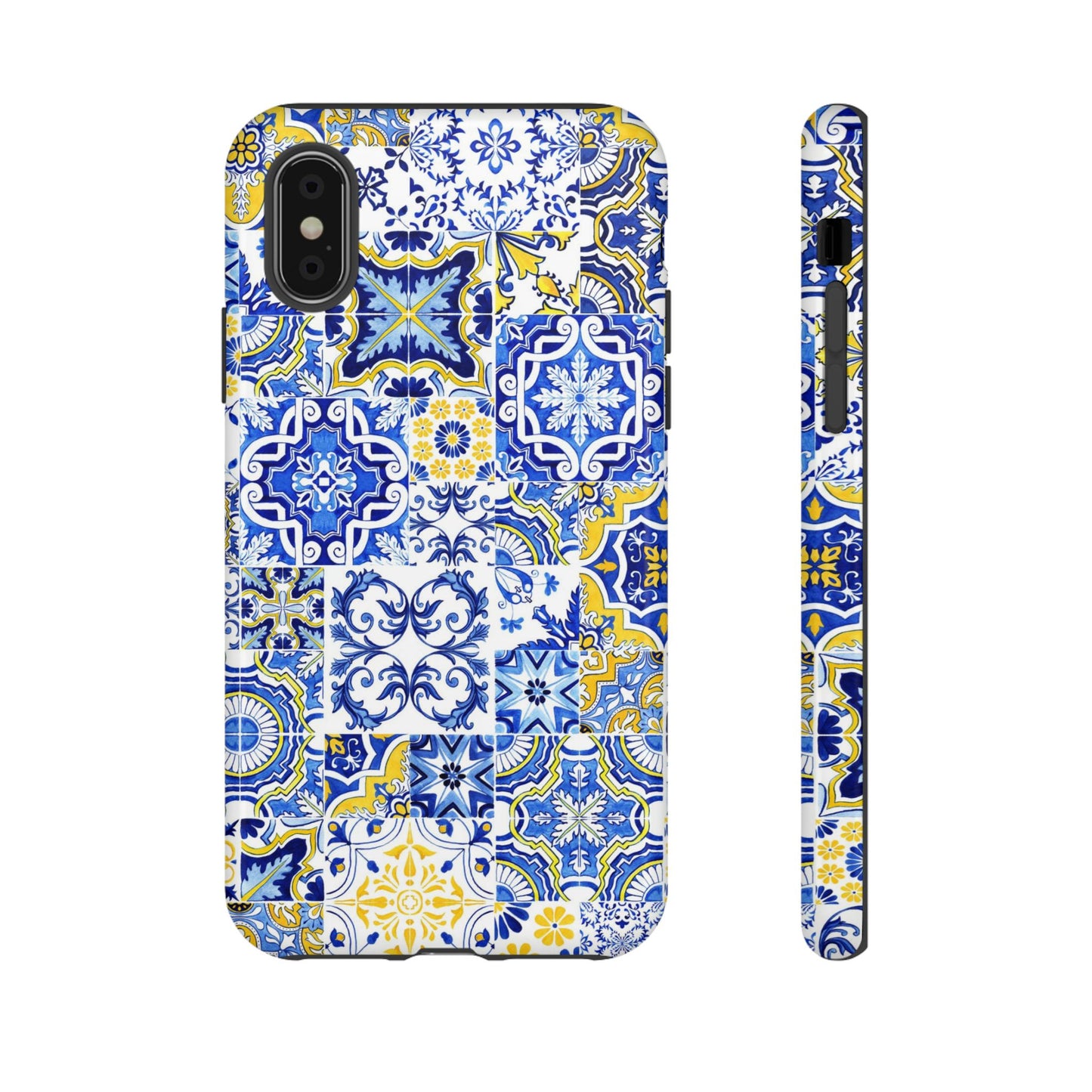 Phone case with blue and yellow mosaic pattern on a white background