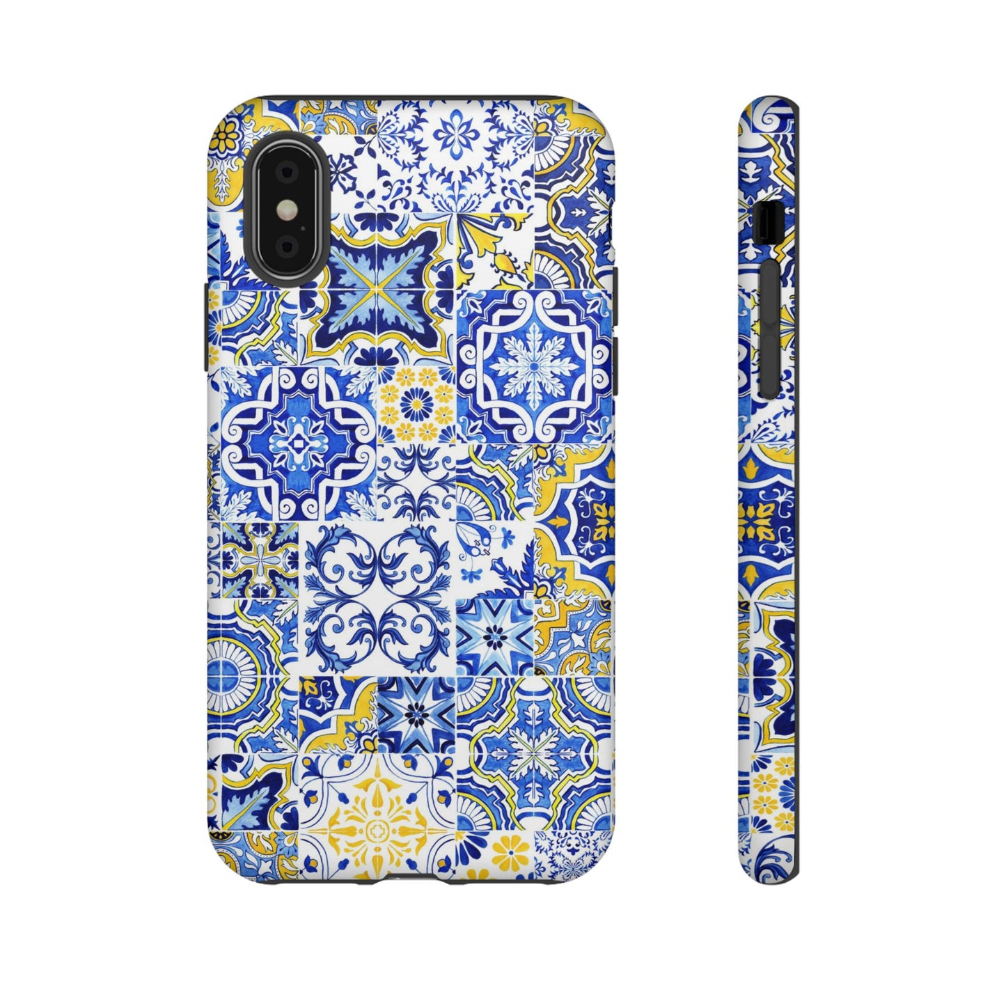Phone case with blue and yellow mosaic pattern on a white background
